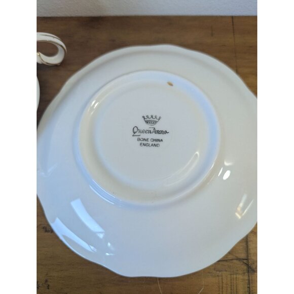 Queen Anne Tea Cup Saucer Wedding Anniversary Design Gold Trim England Vintage - Picture 16 of 16